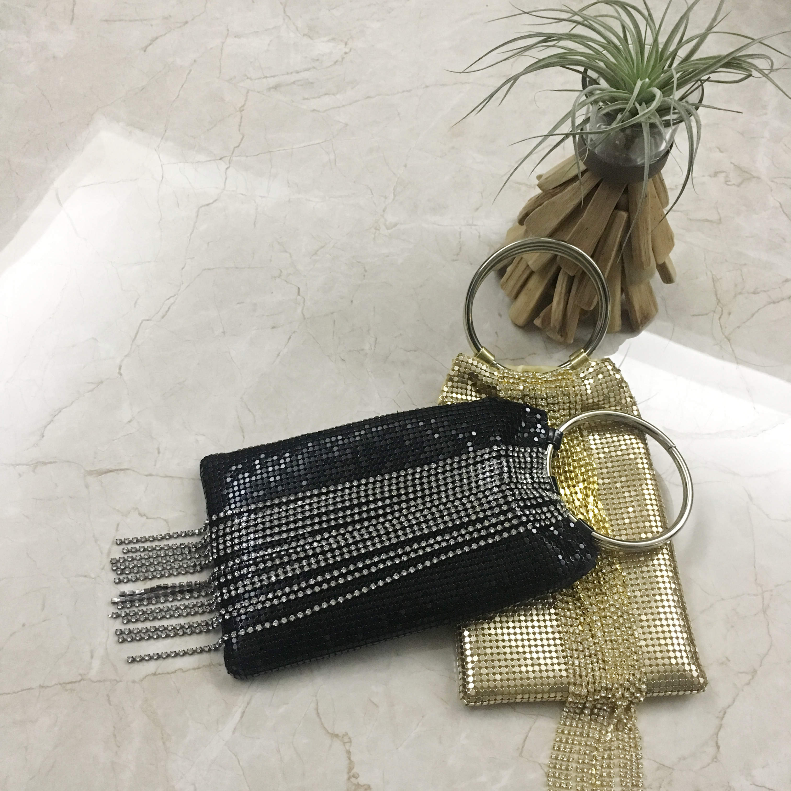 包邮新款手工阿水AM小静阿希同款圆环亮片闪钻流苏链条晚宴手拿包