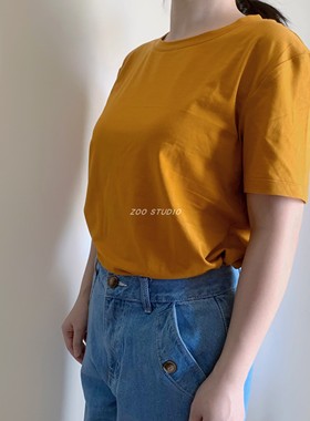 2022年夏季纯棉休闲大地色系圆领T恤焦糖色短袖宽松打底衫上衣女