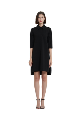 M家秋季女士纯色七分袖POLO领A字连衣裙