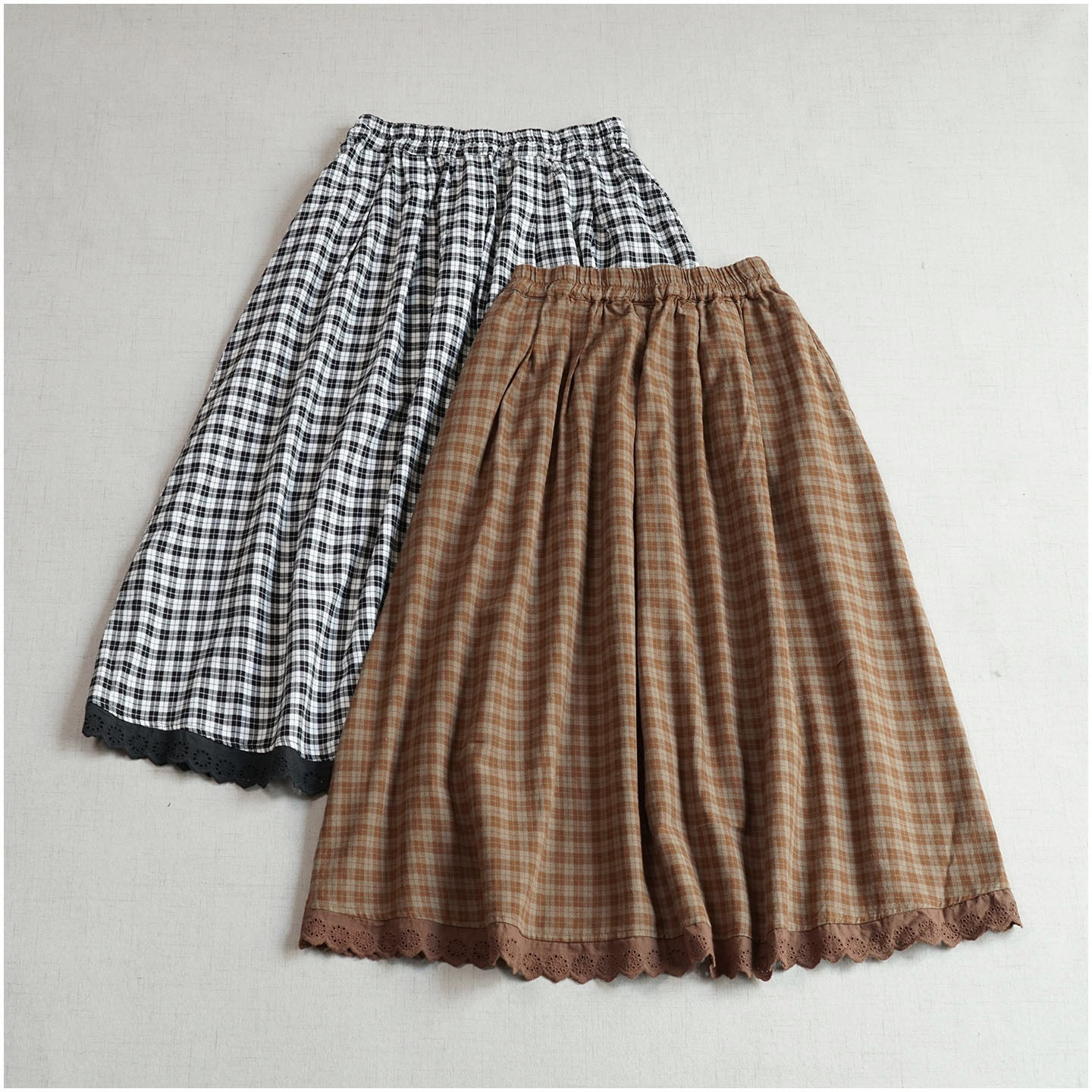 森系百搭经典格子显瘦中长款半裙 春秋新款全棉松紧腰花边A字裙,女装/女士精品,半身裙,淘宝优惠券,粉丝福利购,淘宝优惠卷