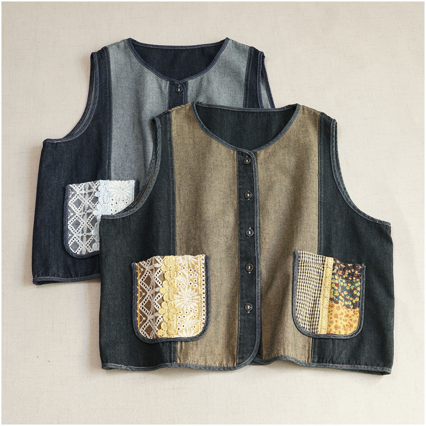 森系复古圆领百搭宽松牛仔马夹 外搭设计感贴袋花边无袖坎肩马甲