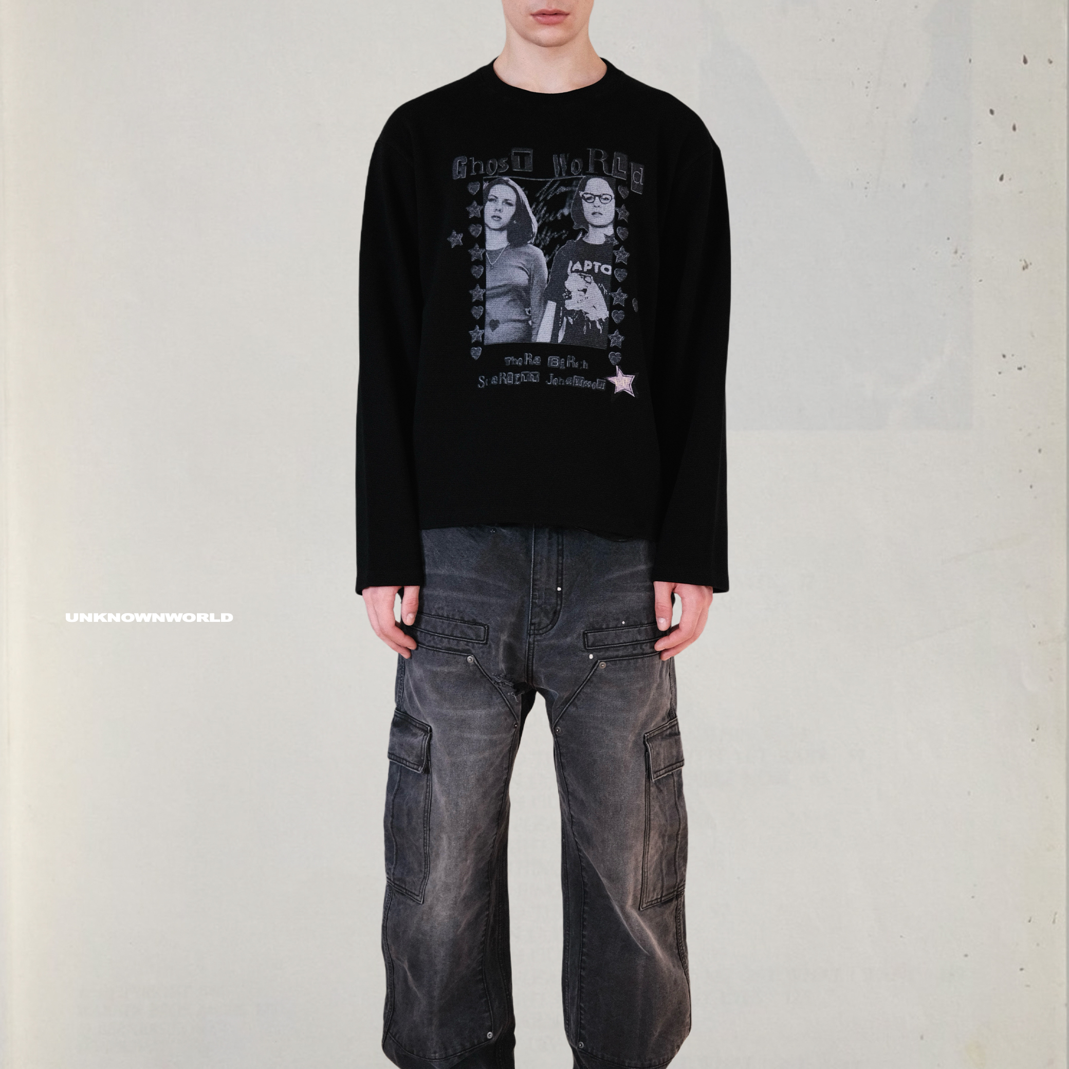 UNKNOWNWORLD 25FW 恶魔季GHOST WORLD印花华夫格套头卫衣