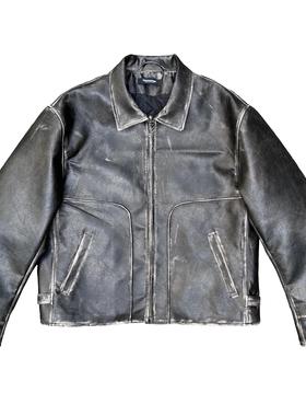 UNKNOWNWORLD FW22环保皮手工做旧擦色短宽PU皮衣夹克