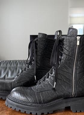 UNKNOWNWORLD 25FW 恶魔季意大利野牛纹牛皮挪威缝手缝系带拉链靴