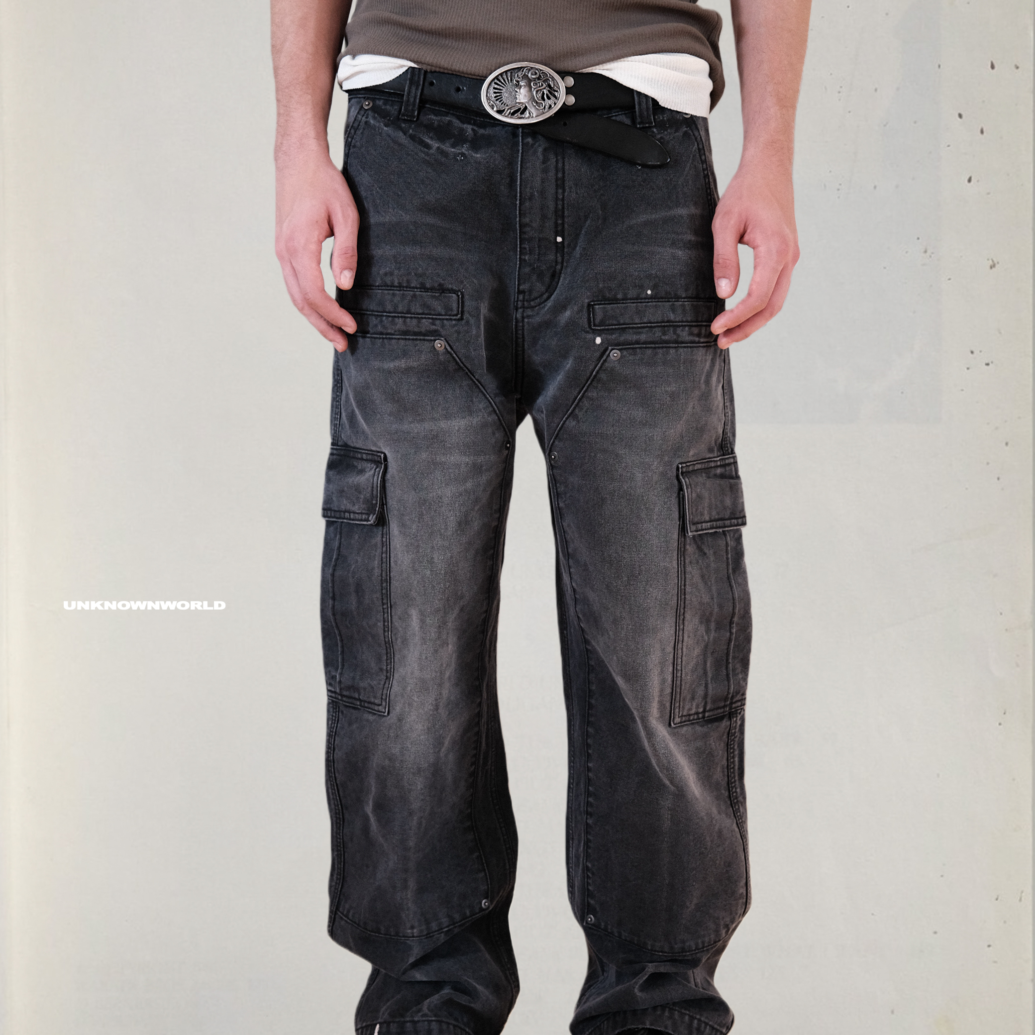 UNKNOWNWORLD 25FW 恶魔季一字袋工装口袋双膝帆布伐木裤工装裤