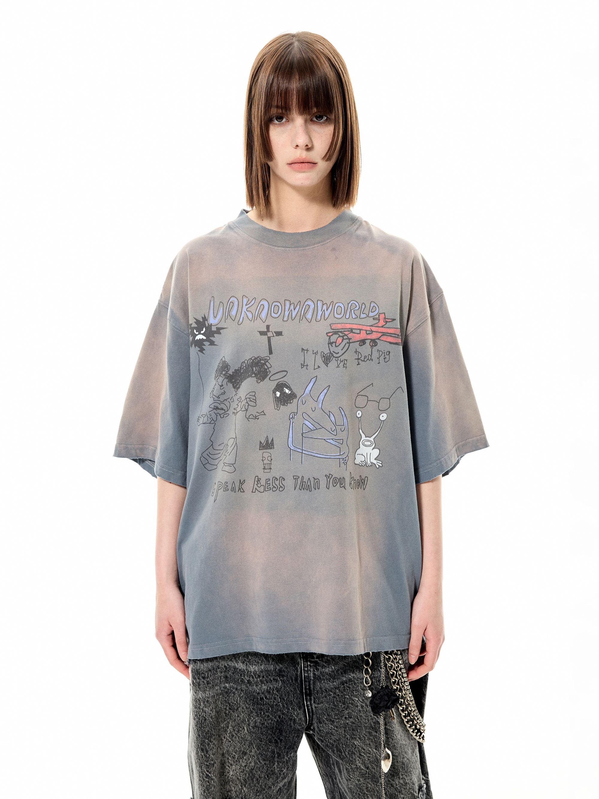 中性手绘涂鸦印花做旧短袖T恤