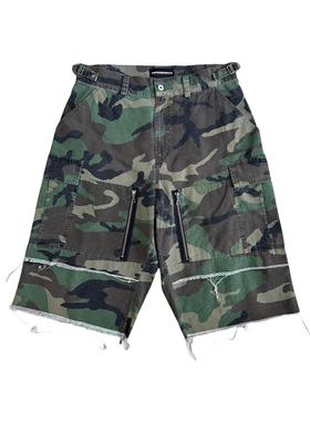 11PRODUITS 水洗做旧毛边迷彩工装cargo七八分裤短裤