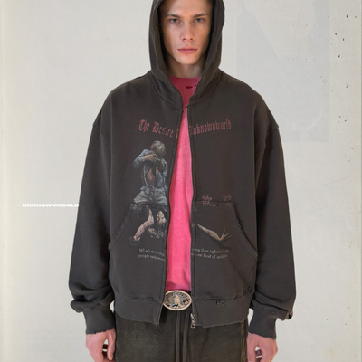UNKNOWNWORLD 26SS 恶魔季欲望印花破坏水洗宽松帽衫拉链卫衣