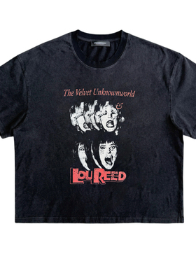 UNKNOWNWORLD 25SS 水洗做旧磨毛 未知天鹅绒虚拟乐队黑色印花T恤