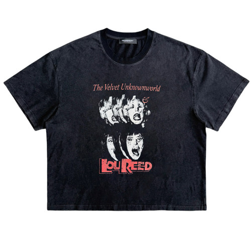 UNKNOWNWORLD 25SS 水洗做旧磨毛 未知天鹅绒虚拟乐队黑色印花T恤