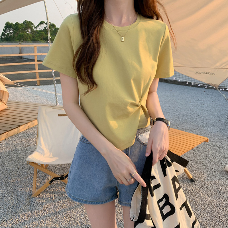 正肩纯棉t恤女士短袖2026新款夏季短款上衣不规则修身显瘦小个子