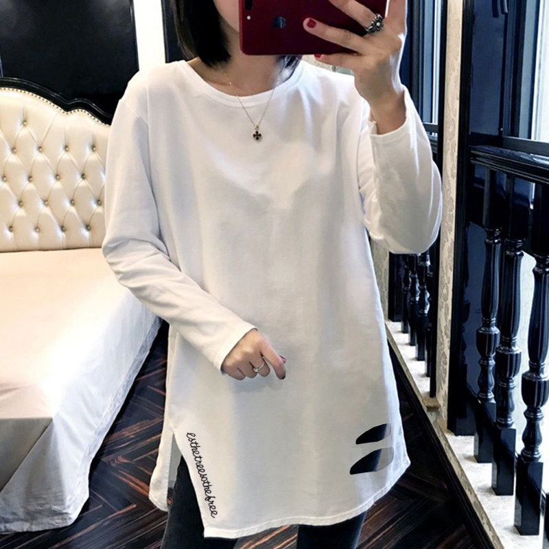 中长款纯棉白色T恤女春秋季宽松ins潮长袖设计感开叉破洞刺绣上衣
