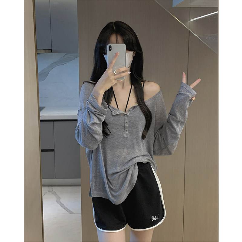 慵懒风灰色亨利半开领上衣女春秋季宽松显瘦纯色休闲减龄长袖T恤