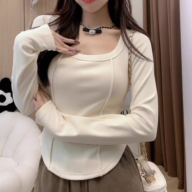 秋冬季纯色德绒加厚保暖打底衫女下摆不规则修身短款长袖T恤上衣