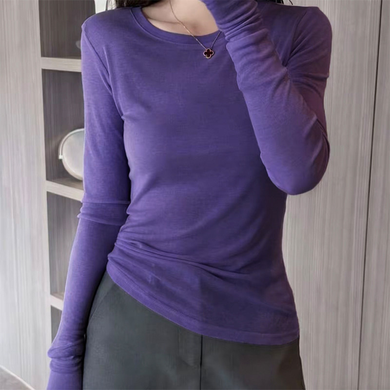 巨显白紫色软糯基础款冰丝面膜衣女微透轻薄透气圆领春秋罩衫上衣