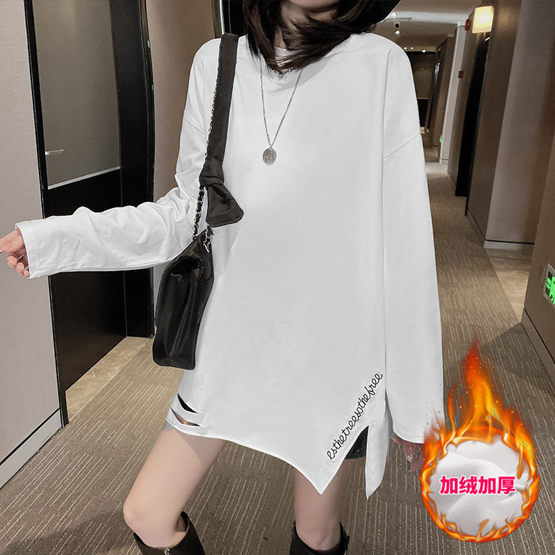 德绒白色春秋冬打底衫女内搭洋气百搭中长款宽松大码长袖t恤上衣