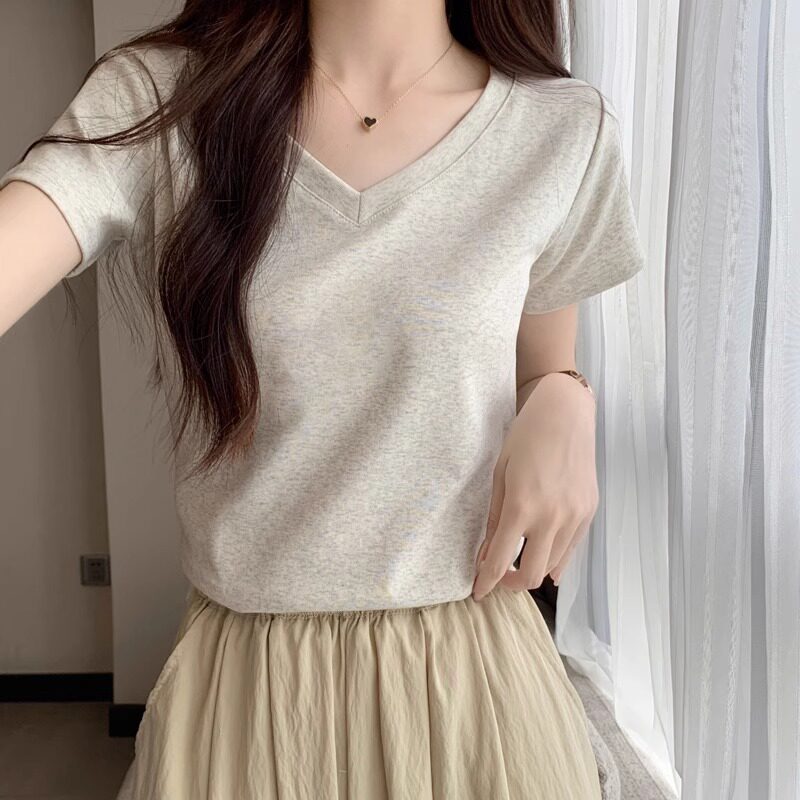 韩版正肩V领短袖T恤女夏季新款修身显瘦小个子辣妹纯欲上衣潮ins