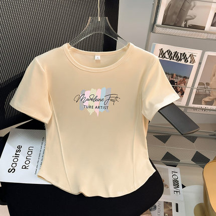纯棉正肩短款T恤女士短袖2025新款夏爆款上衣服修身显瘦薄款遮肉