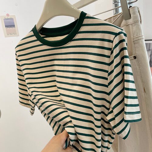 显白绿色条纹t恤女短袖夏季新款薄款纯棉上衣宽松大码圆领体恤ins