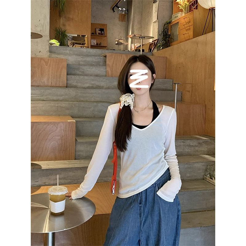 修身吊带防晒罩衫两件套2026初夏新款外搭薄款网纱长袖恤上衣女潮