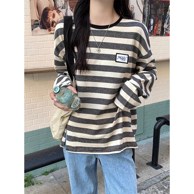 大码条纹长袖T恤女2026年春秋新款设计感小众宽松显瘦卫衣上衣潮