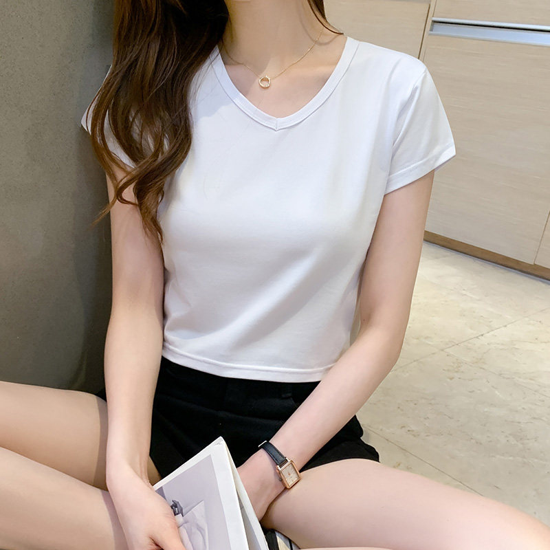 ins超火v领短袖t恤女夏纯棉原宿BF风学生高腰短款修身半袖上衣服
