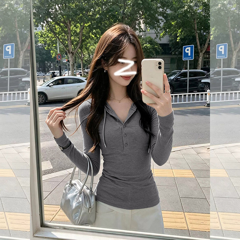 灰色连帽长袖t恤女2026新款春秋单穿修身收腰薄款卫衣打底衫上衣