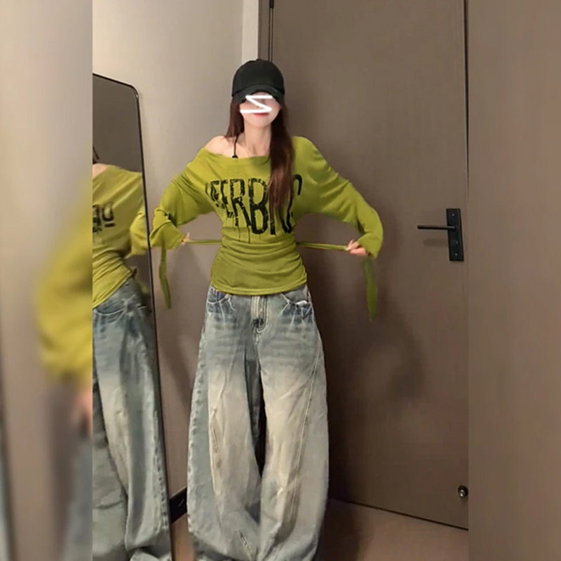 绿色后背系带收腰长袖T恤女2026春秋新款设计感小众独特别致上衣