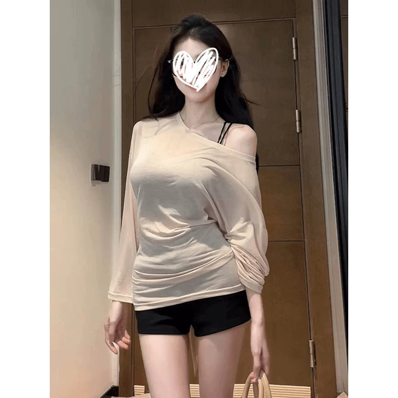 韩系纯欲风露肩长袖T恤女春秋薄款小衫宽松设计绑带收腰气质上衣
