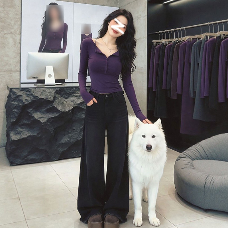 小众漂亮独特紫色收腰修身长袖T恤女士可外穿打底衫春秋季小上衣