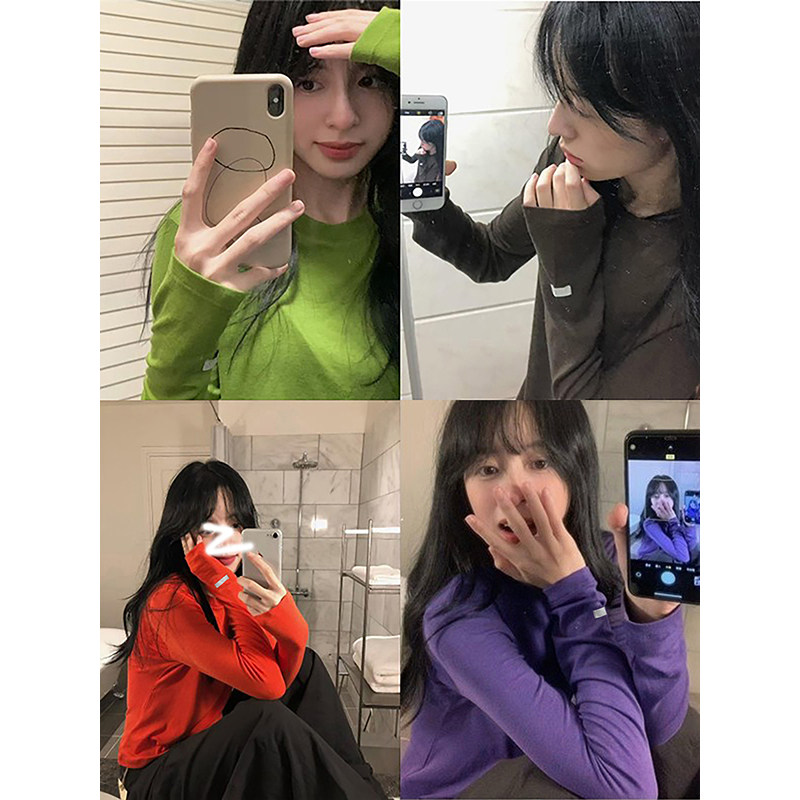 韩系简约纯色圆领长袖T恤女春秋小个子柔软修身显瘦打底衫上衣潮