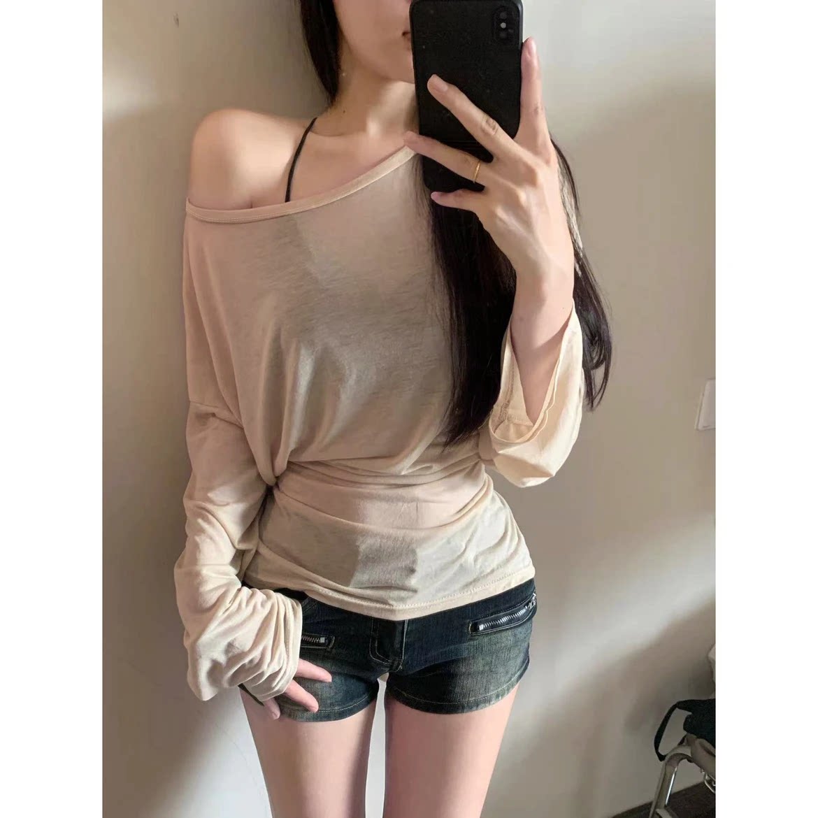 大码胖mm纯欲风薄款微透小衫女春秋后背绑带收腰设计感小众上衣