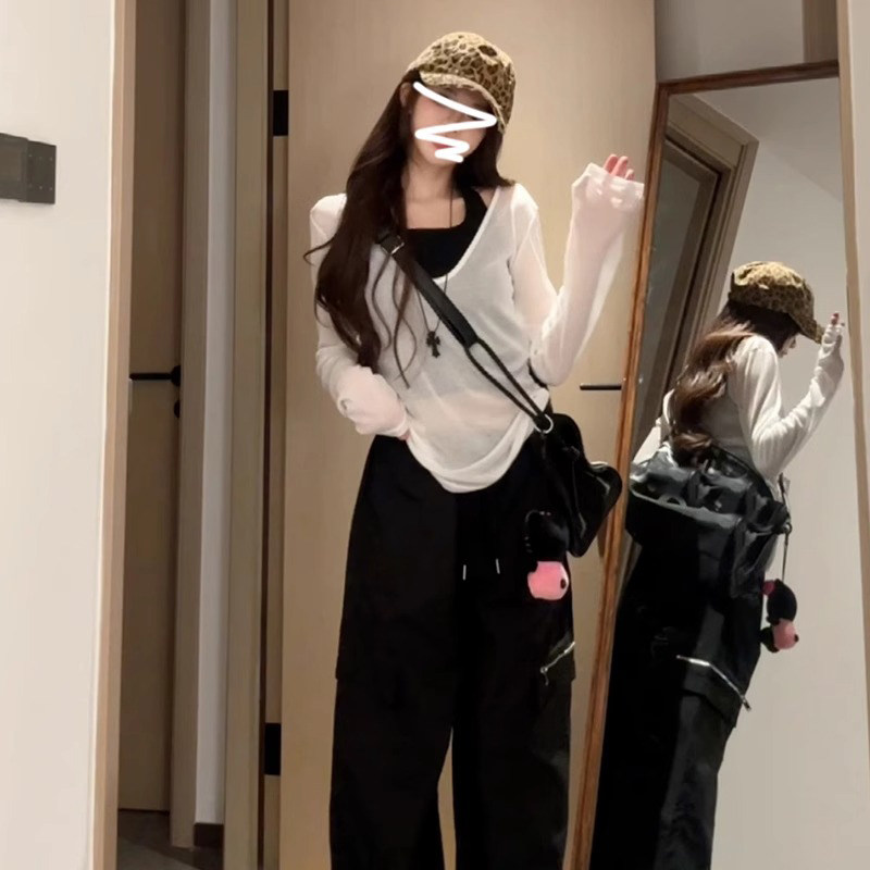 白色v领纯欲风微透长袖t恤女早春夏2026新款辣妹防晒罩衫外搭上衣
