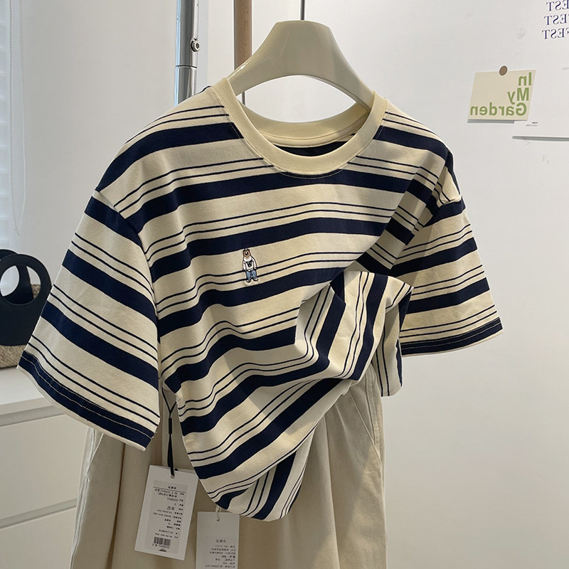 条纹纯棉t恤女士短袖夏季新款2026正肩上衣服小个子宽松半袖刺绣