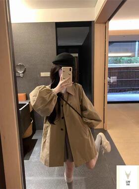 卡其色灯笼袖风衣外套女2024春秋新款宽松小个子休闲中长款上衣女