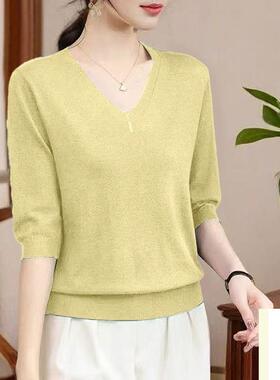 2025夏季新款v领T恤中袖女宽松遮肚子上衣显瘦针织衫薄款洋气半袖