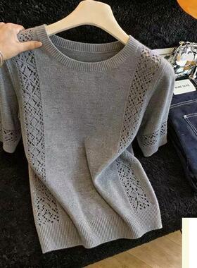 胖MM复古chic洋气圆领短袖针织衫女夏季新款超好看爆款显瘦上衣潮
