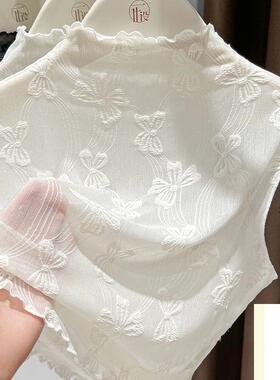 半高领网纱叠穿打底衫女春秋季木耳边无袖背心内搭薄款蕾丝假领子