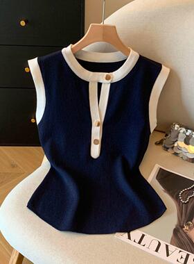 复古港风撞色圆领无袖吊带背心夏季新款甜辣妹修身显瘦纽扣小衫潮