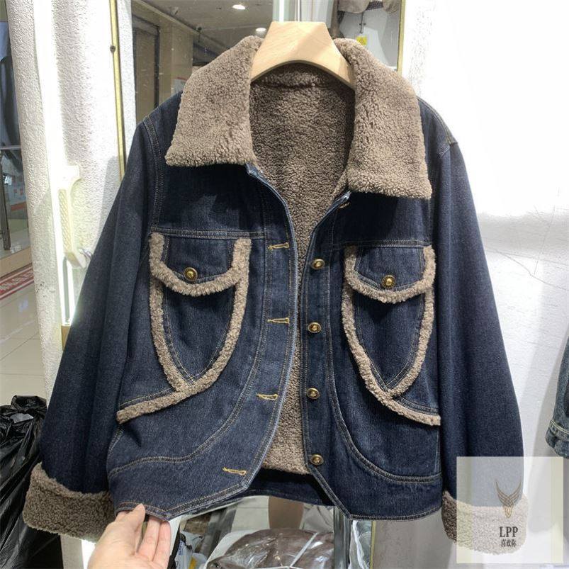 清仓断码牛仔外套女加绒羊羔绒派克服秋冬港风拼接夹克短上衣潮,男装,时尚防晒服,淘宝优惠券,粉丝福利购,淘宝优惠卷