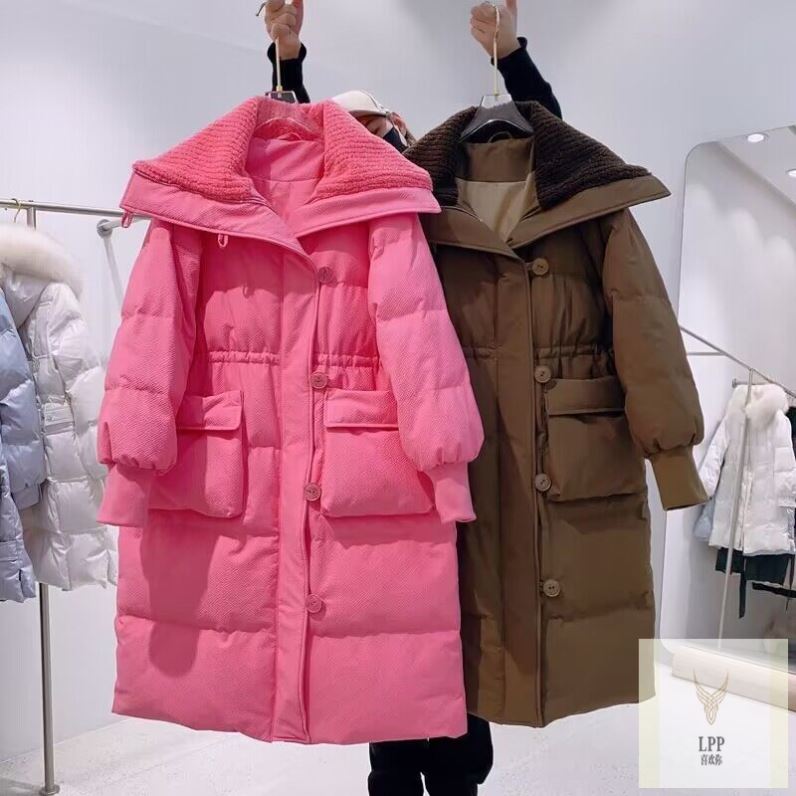 清仓大翻领羽绒棉服女中长玫粉色小个子爆款韩版收腰洋气棉衣