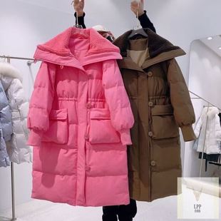 清仓大翻领羽绒棉服女中长玫粉色小个子爆款 收腰洋气棉衣 韩版