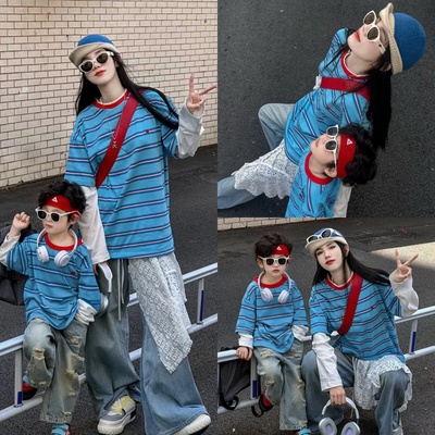 不一样的亲子装母子母女2025新款一家三口夏季网红条纹短袖T恤潮
