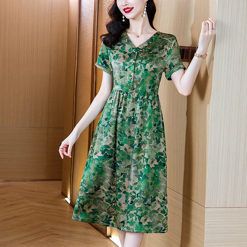 重磅真丝连衣裙女短袖碎花收腰显瘦A字裙桑蚕丝气质妈妈中长裙女