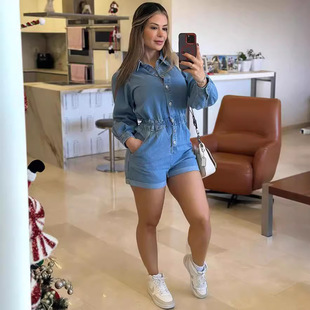 欧美外贸女装 亚马逊跨境女式连体裤时尚休闲单排扣长袖牛仔短裤