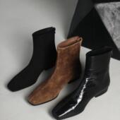 MIA全羊皮里X鳄鱼牛皮法式 小方头短靴瘦瘦靴后拉链2024年冬季 韩系