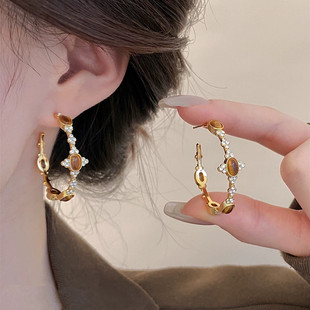 新款马年美拉德虎眼石C耳圈夸张s925银针大耳环造型防过敏耳饰女