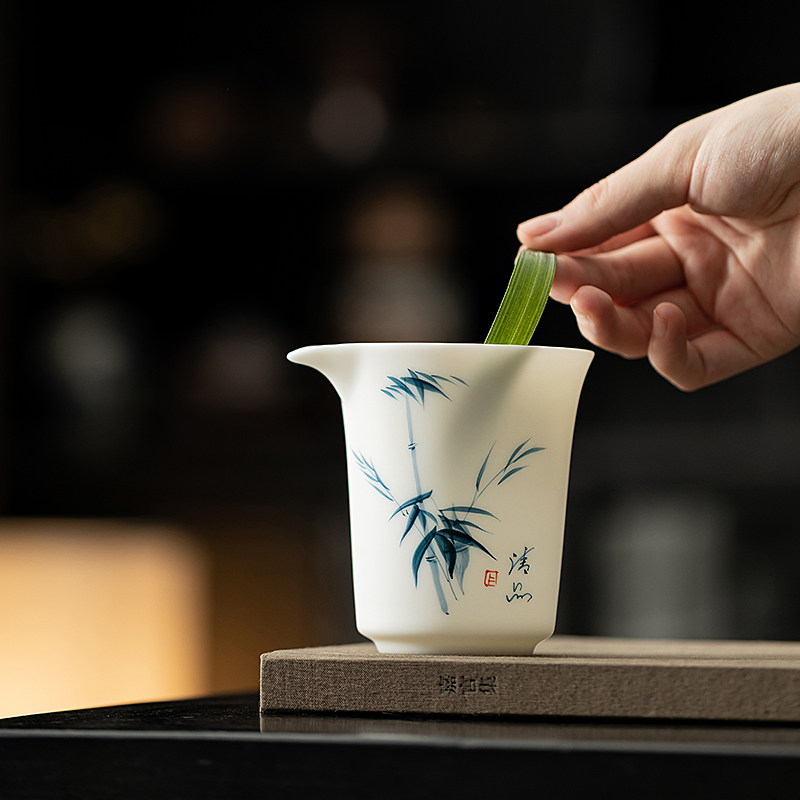 中式纯手绘高端羊脂玉公道杯茶海分茶器茶海陶瓷功夫茶具家用