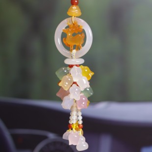 安佑汽车挂件小鹿高档玉髓玛瑙车内后视镜高级感轻奢中国风挂饰品