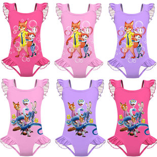 外贸欧美新款 女童卡通动漫电影疯狂动物城2尼克朱迪印花连体泳衣